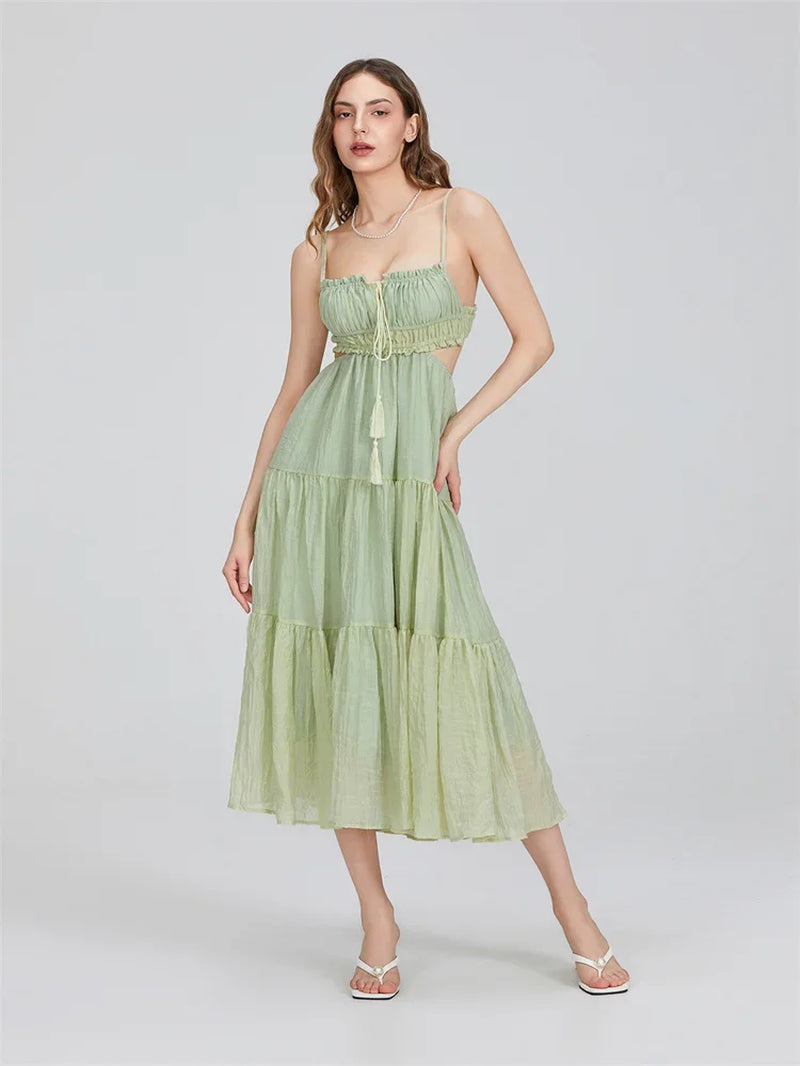 2024 Summer Women Flowy Long Dress Spaghetti Strap Cut Out Backless Ruffle A-Line Dress Bohemian Party Holiday Casual Sundress