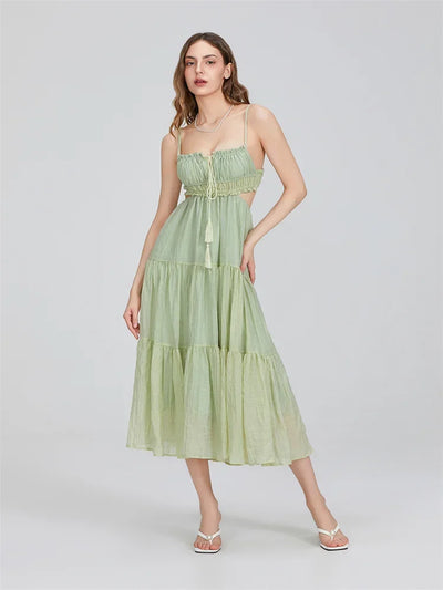 2024 Summer Women Flowy Long Dress Spaghetti Strap Cut Out Backless Ruffle A-Line Dress Bohemian Party Holiday Casual Sundress